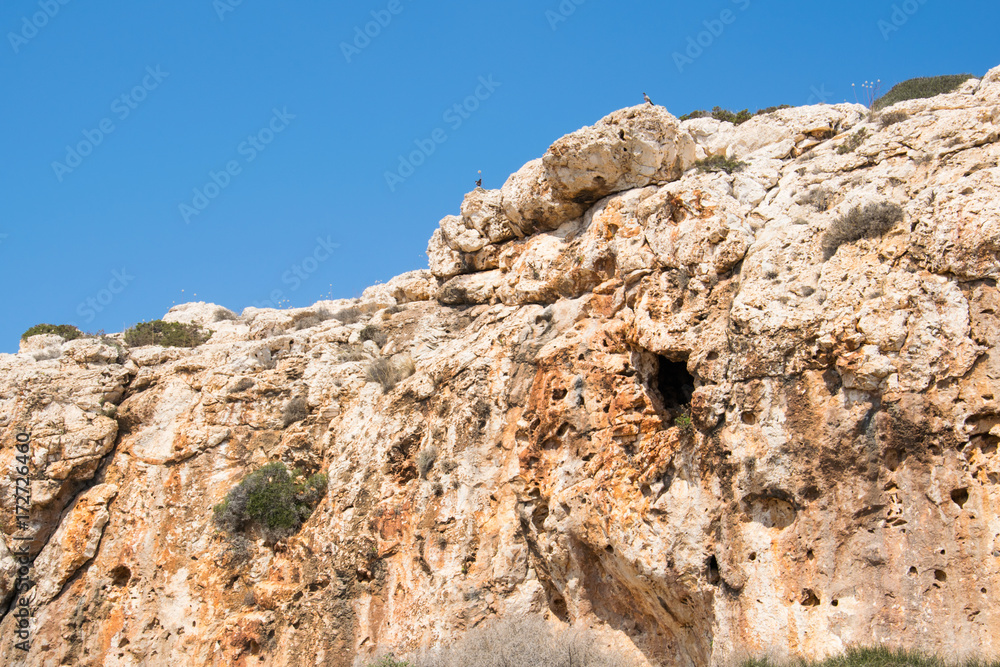 Close-up of stone rock with blue sky above with pigeons