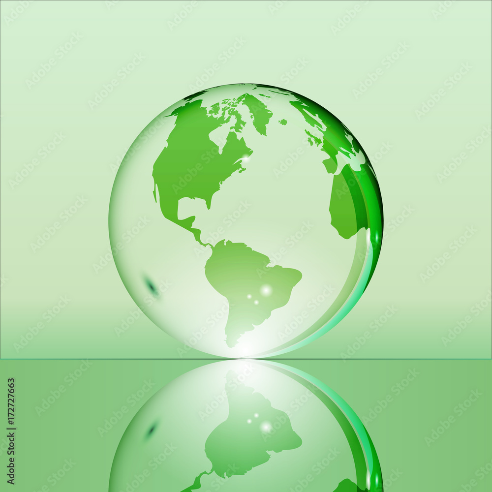 Green shining transparent earth globe with South and North America continents laying on glass surface and reflecting in it. Bright and shining design. Vector illustration. Green shining transparent earth globe with South and North America continents laying on glass surface and reflecting in it. Bright and shining design. Vector illustration.