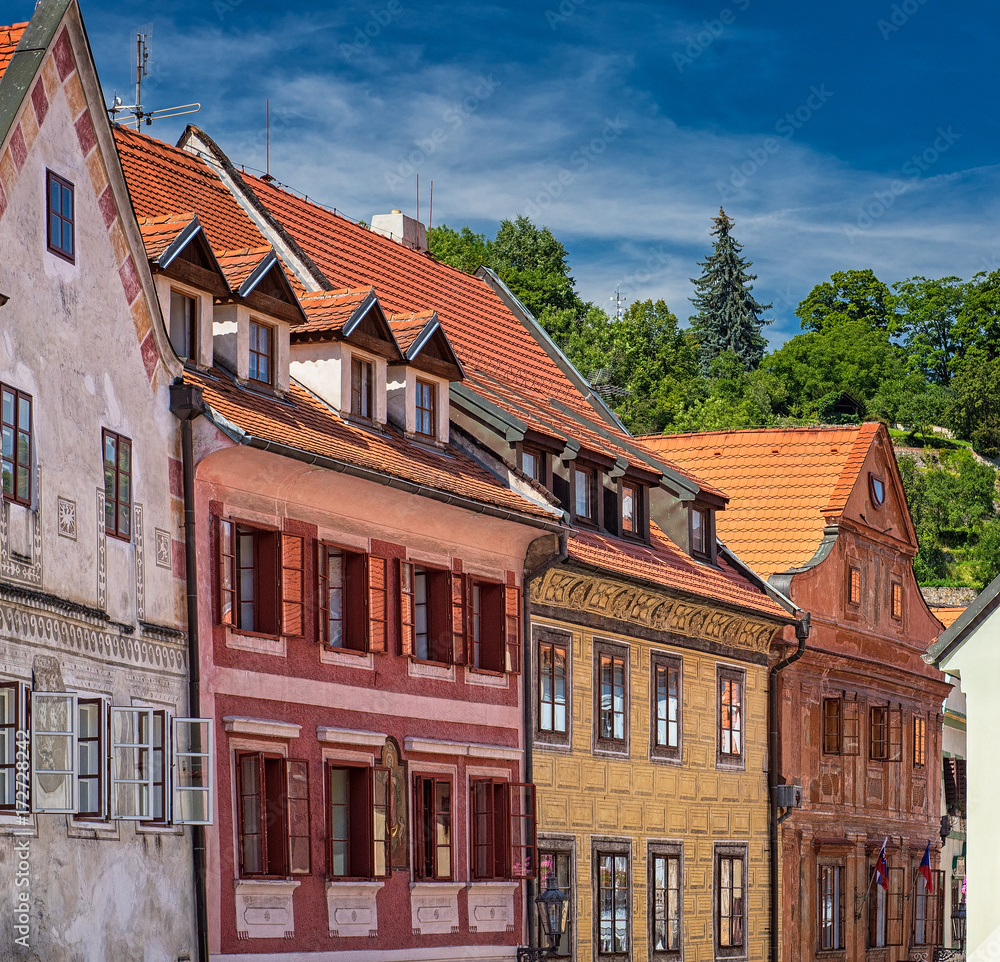 Narrow street in the medieval old town of Cesky Krumlov, Czech Republic