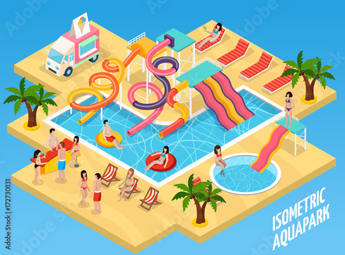 Colored Water Park Aquapark Isometric Composition