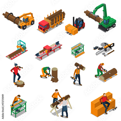 Sawmill Timber Mill Lumberjack Icon Set 