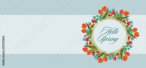 Spring folding Greeting card with the inscription Hello Spring. Wreath of flowers. EPS10.
