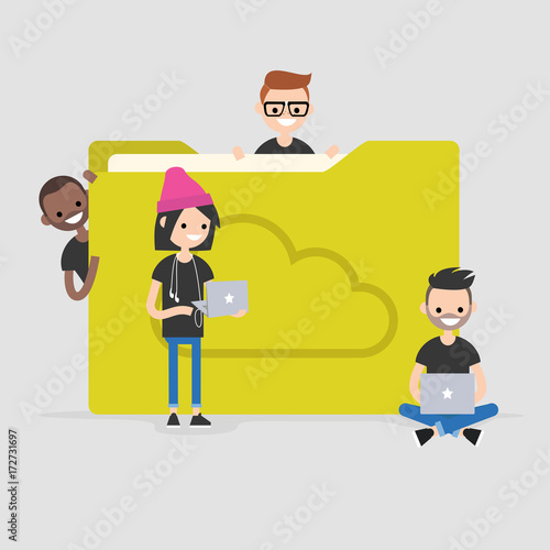 Content storage. Cloud folder. Young characters sitting and standing around the big yellow folder / flat editable vector illustration, clip art