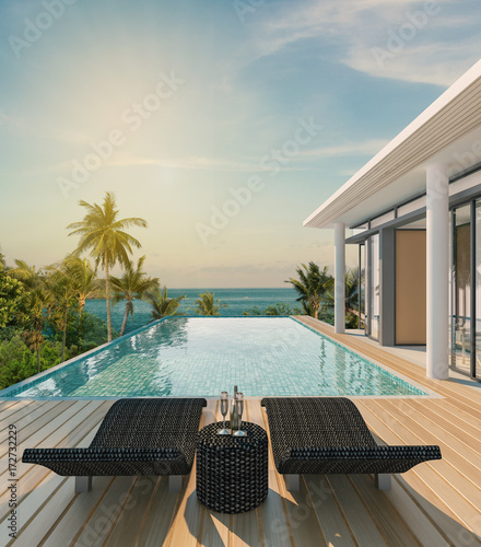 Sea view swimming pool in modern loft design,Luxury ocean Beach house