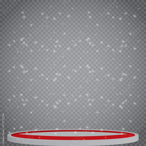 Illuminated Festive Stage Podium Scene with Red Carpet for Award Ceremony on White Background.