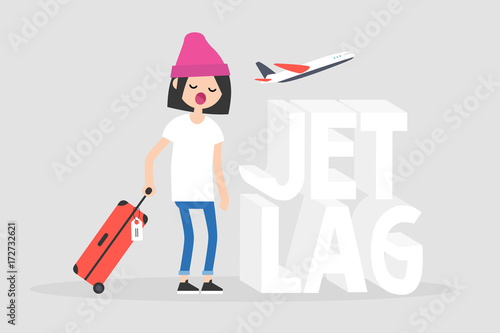 Jet lag conceptual illustration. Young exhausted character yawning at the airport after the flight / flat editable vector illustration, clip art photo