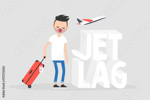 Jet lag conceptual illustration. Young exhausted character yawning at the airport after the flight / flat editable vector illustration, clip art