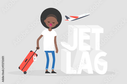Jet lag conceptual illustration. Young exhausted character yawning at the airport after the flight / flat editable vector illustration, clip art