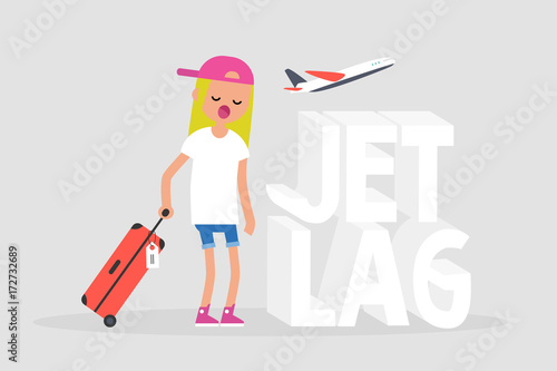 Jet lag conceptual illustration. Young exhausted character yawning at the airport after the flight / flat editable vector illustration, clip art