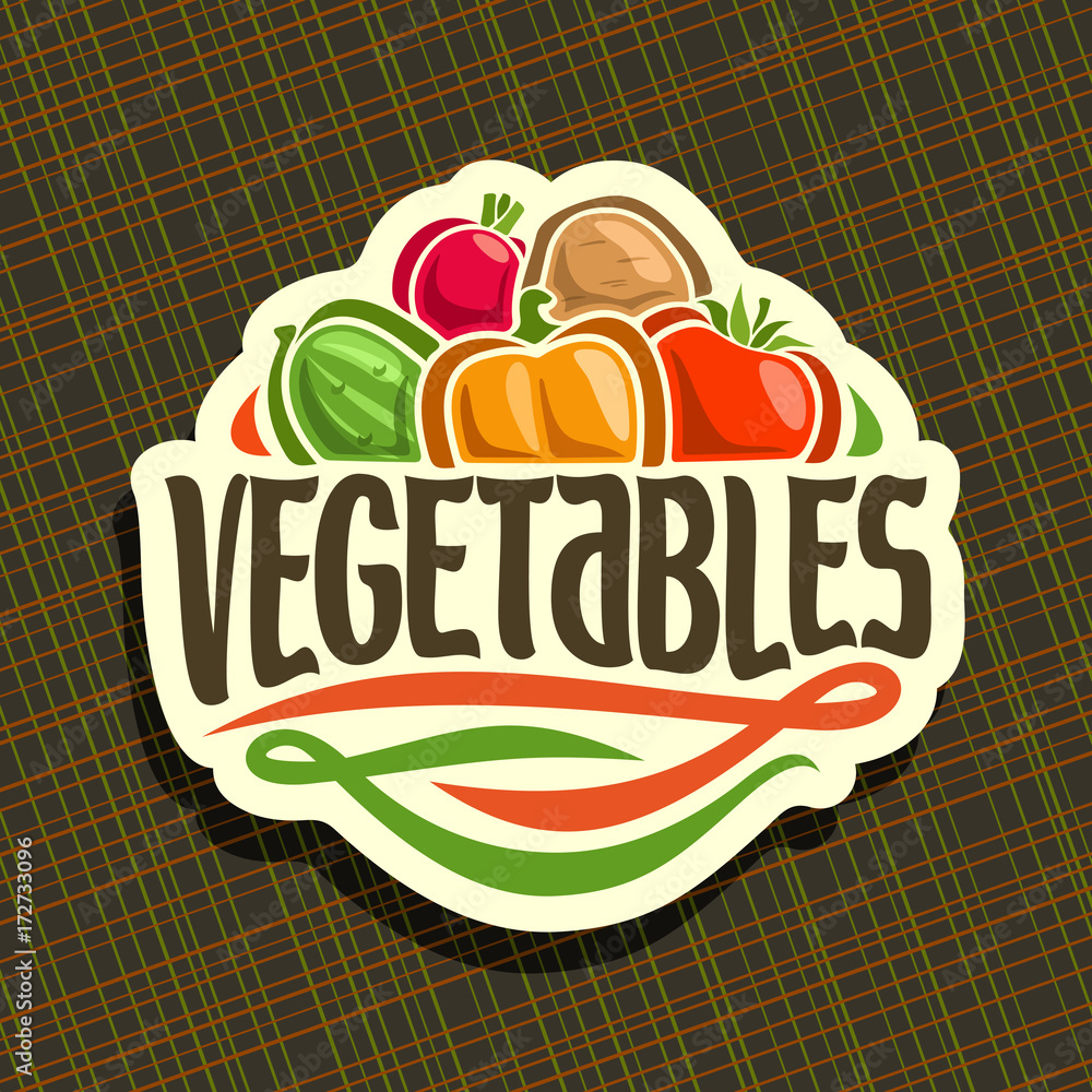 Vector logo for fresh Vegetables: sign with raw potato, cucumber, bell pepper, tomato, radish on geometric background, vegetable mix for vegan nutrition, label with original font for word vegetables. Vector logo for fresh Vegetables: sign with raw potato, cucumber, bell pepper, tomato, radish on geometric background, vegetable mix for vegan nutrition, label with original font for word vegetables.