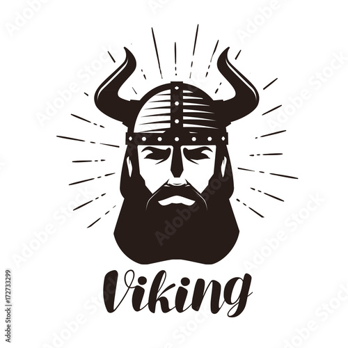 Viking logo or label. Portrait of bearded man in helmet with horns. Vector illustration