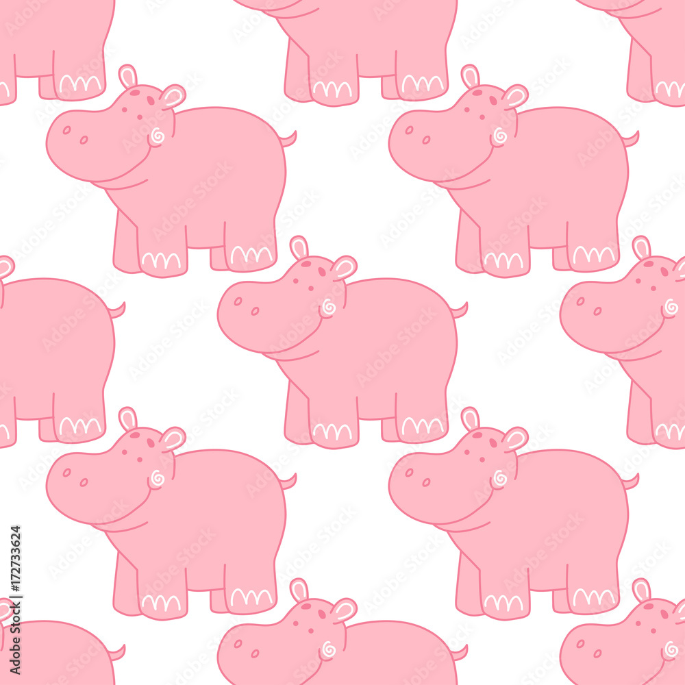Seamless pattern with cute hippo on a white background. Pink hippopotamus. Seamless pattern with cute hippo on a white background. Pink hippopotamus.