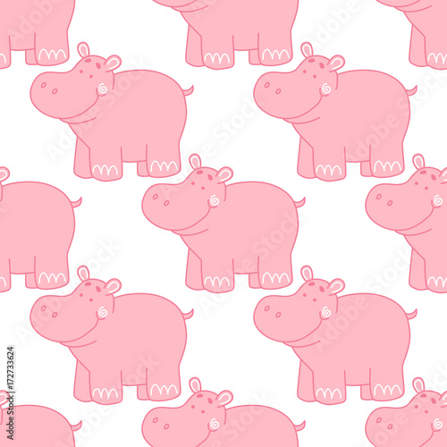 Seamless pattern with cute hippo on a white background. Pink hippopotamus. © inna_queen