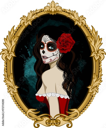Day of the dead woman portrait in mirror. Mexican festival