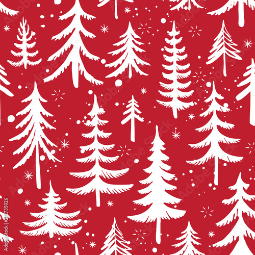Seamless pattern with Christmas tree. Stylized winter forest. Vector background.