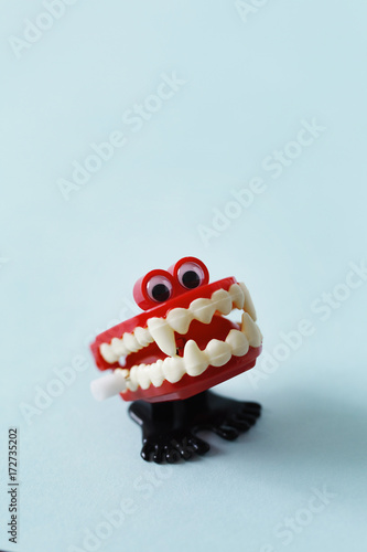 Close up of marching vampire's denture toy with googly eyes