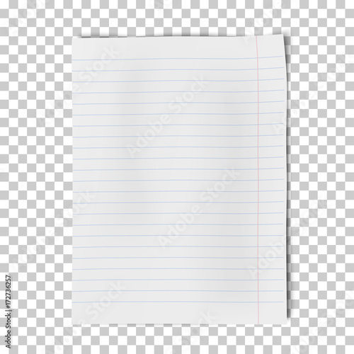 A4 sheet of lined paper isolated on transparent background. Vector illustration.