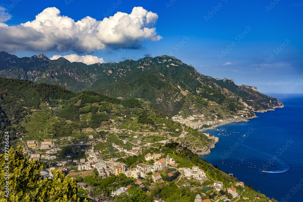 Italy. Amalfi Coast (UNESCO World Heritage Site since 1997) seen from Ravello. There is Maiori town in the background