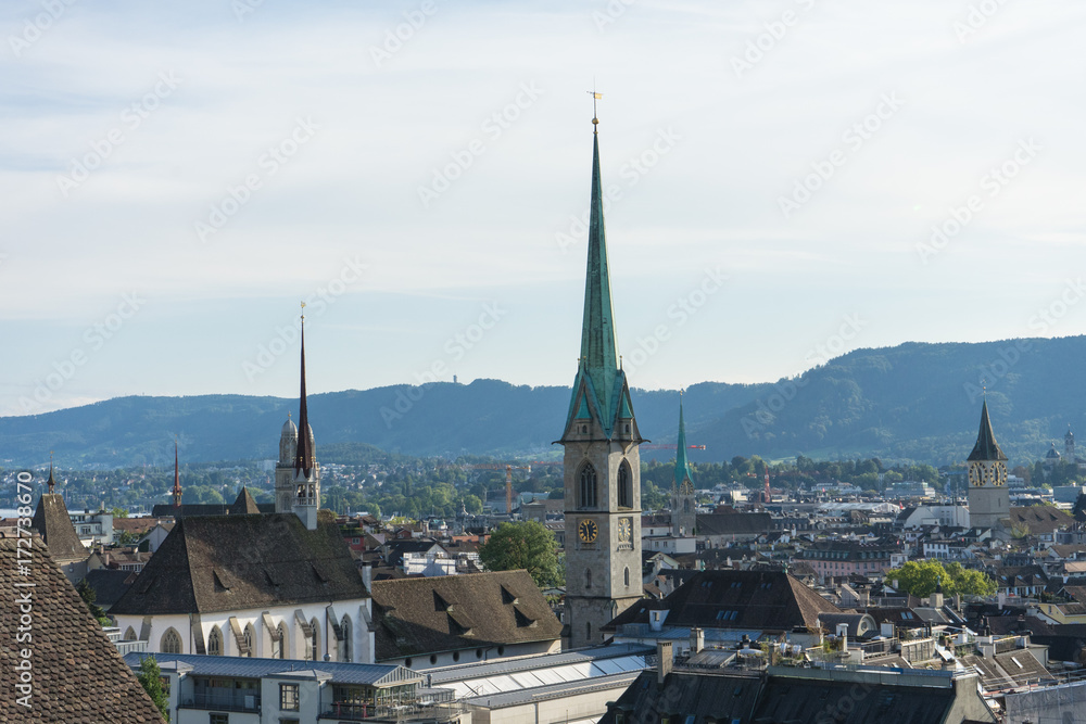 Scenery of old town of Zurich, Switzerland from University hill in summer