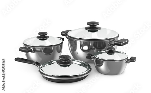 set of saucepans isolated on white background. 3d illustration