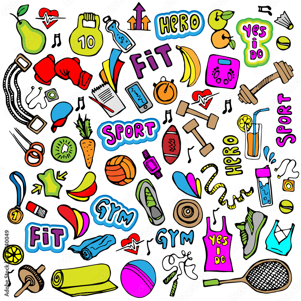 Sports hand draw icon and elements. Fitness and sport colored icon collection, cartoon doodle sport icons. Sports hand draw icon and elements. Fitness and sport colored icon collection, cartoon doodle sport icons.