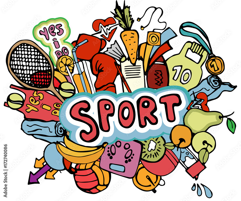 Sports hand draw icon and elements in one composition for banner. Fitness and sport colored banner collection, cartoon doodle sport icons. Sports hand draw icon and elements in one composition for banner. Fitness and sport colored banner collection, cartoon doodle sport icons.