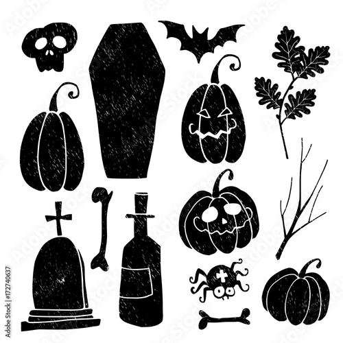 Set of grunge Halloween graphic elements. Black hand-drawn icons of pumpkins, coffin, tomb, spider, skull, and bat isolated on white background.