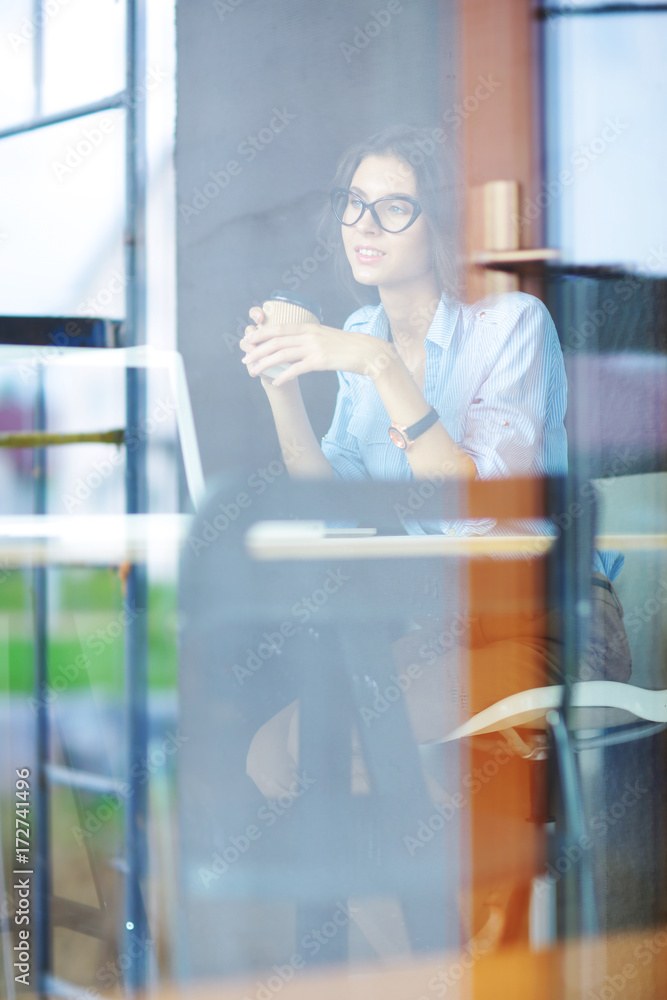 Obraz premium Young woman sitting at office table with laptop,view through window. Young woman