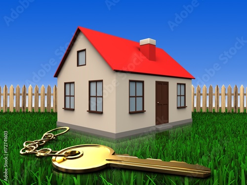 3d golden key over lawn and fence