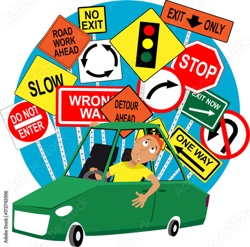 Teenage driving school student sitting in the car, road traffic signs behind him EPS 8 vector illustration