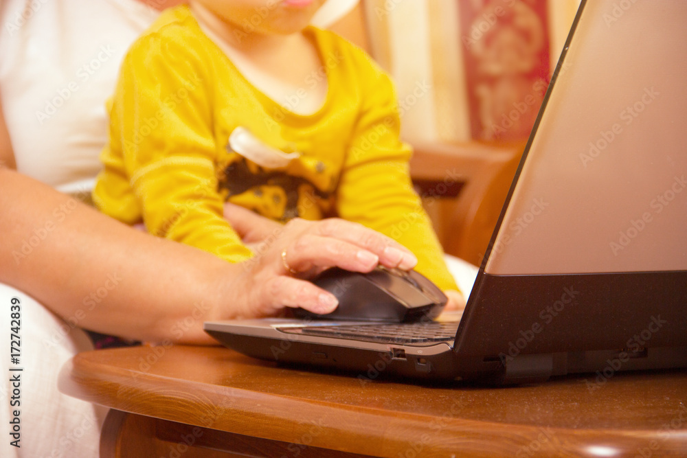 Fototapeta premium Old woman with laptop. Senior grandmother indoors with notebook. Web surfing and shopping on the Internet. Social networks. Difficulties of mastering the computer
