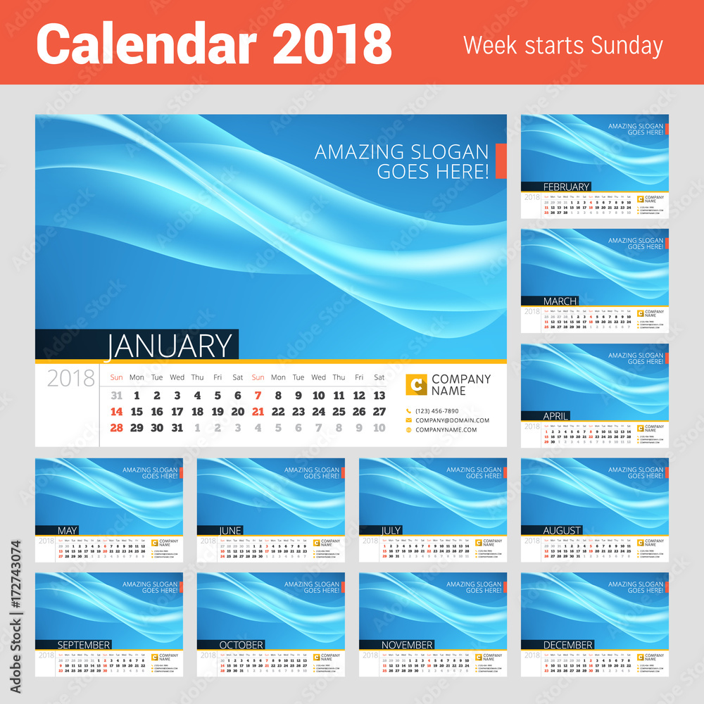 Desk line calendar for 2018 Year. Vector design print template with abstract background. Week starts on Sunday. Set of 12 months