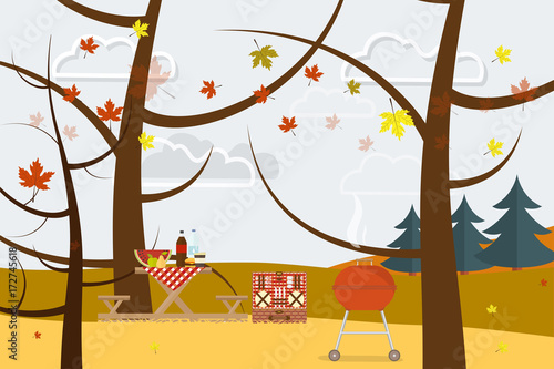 hand-drawn poster autumn picnic and leaf fall