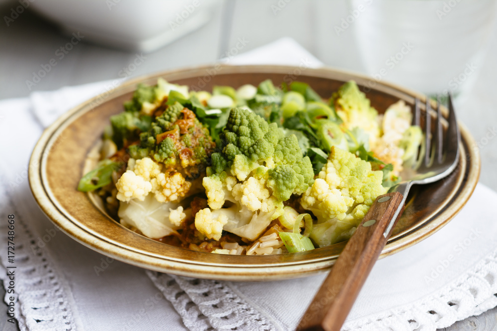 Romanesco in Thai Red Curry Sauce with Brown Rice Romanesco in Thai Red Curry Sauce with Brown Rice
