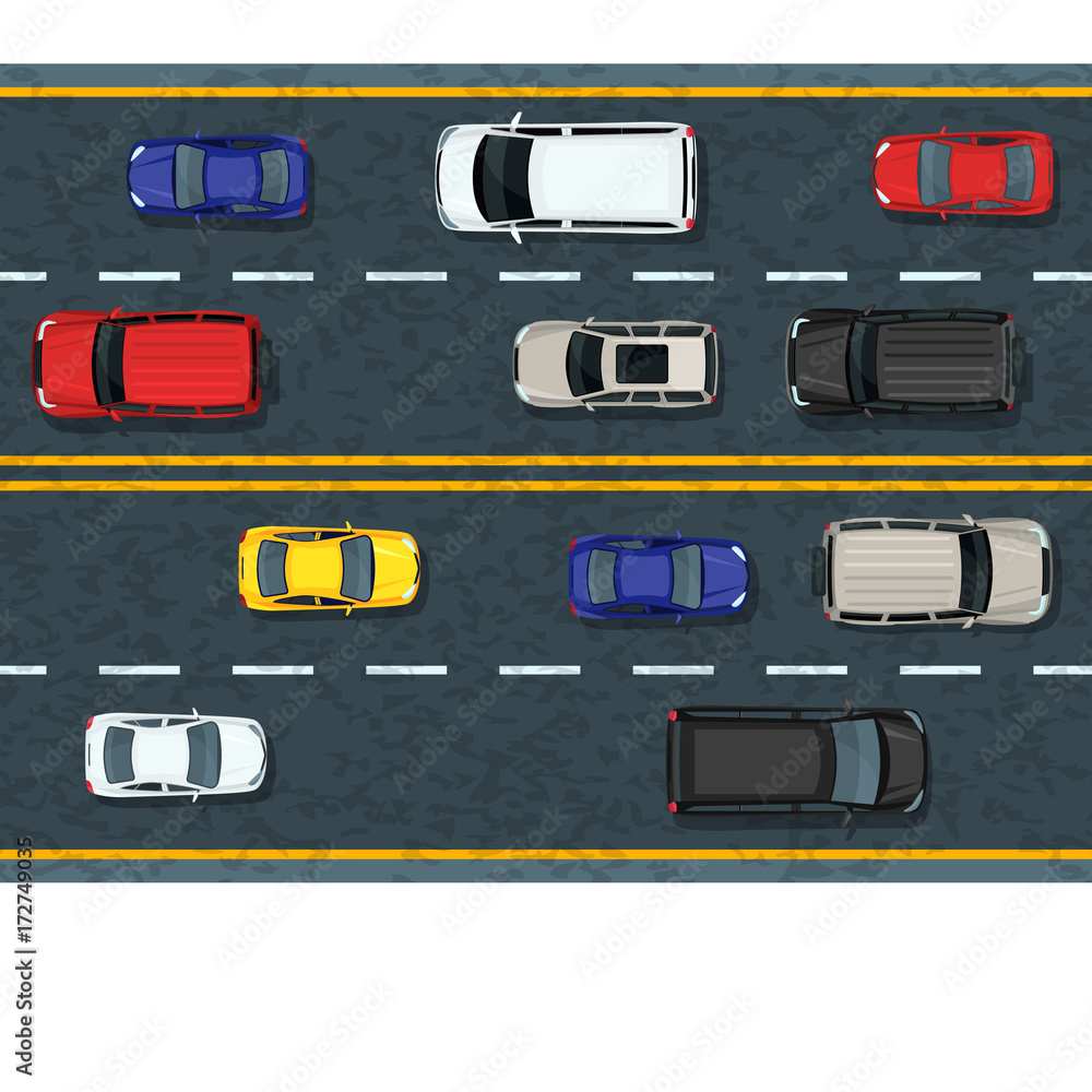 Vector flat illustration of city transport and traffic jam. Highway road with moving cars. Automobiles top view. Street traffic and transport design elements. Vector flat illustration of city transport and traffic jam. Highway road with moving cars. Automobiles top view. Street traffic and transport design elements.