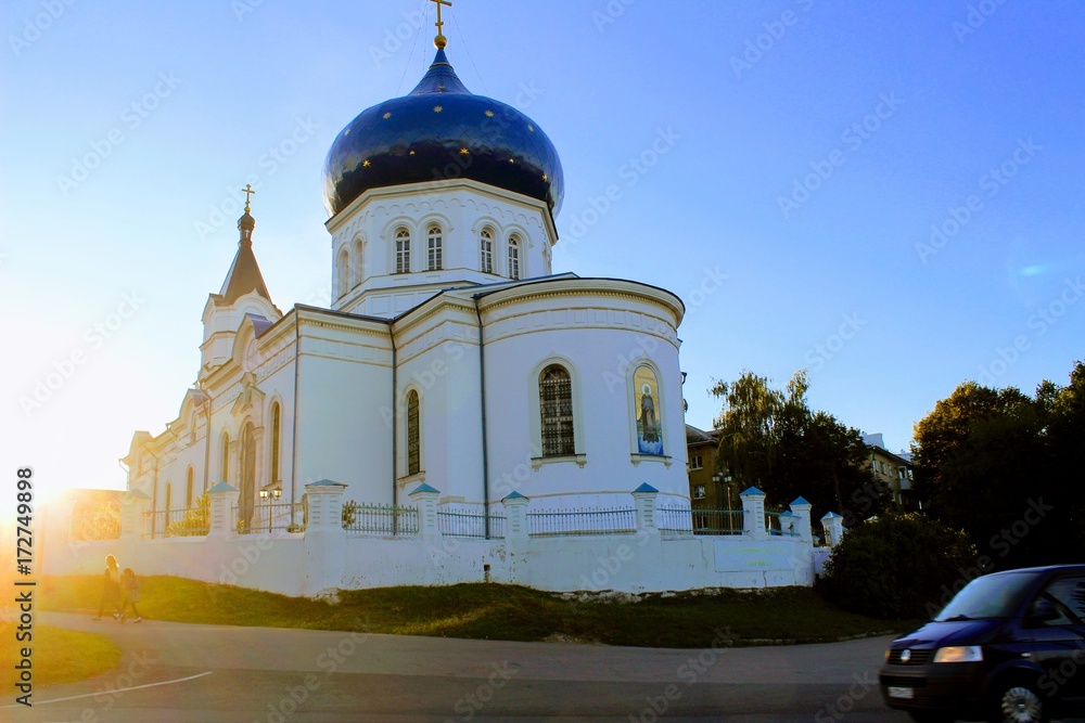 The Orthodox Church in Plavsk in the rays of the setting sun.