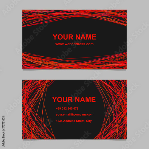 Abstract geometrical business card template design set - vector identity card illustration with red curved lines