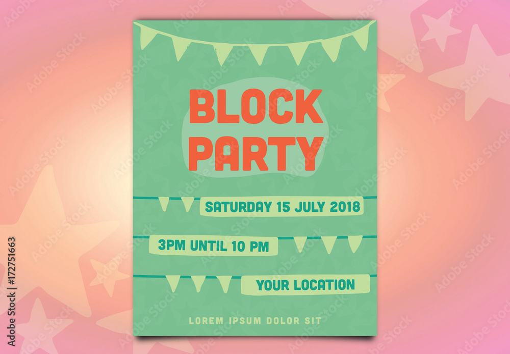 Block Party Poster Layout with Green and Orange Accents Stock