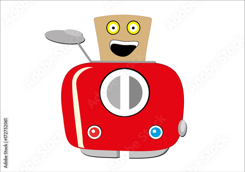 illustrated red toaster, with slice of toast showing agitation and surprise