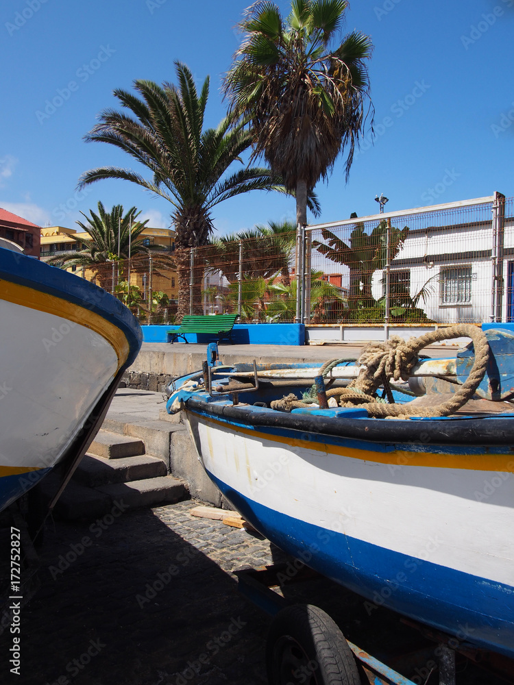 two small fishing boats on the harbor at puerto de la cruz tenerife with dockside rope palm trees and blue sky
