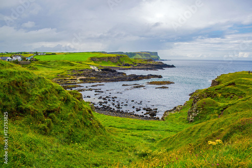 Panorama of Dunseverick Falls. Relaxing view Landscape of Northern Ireland.