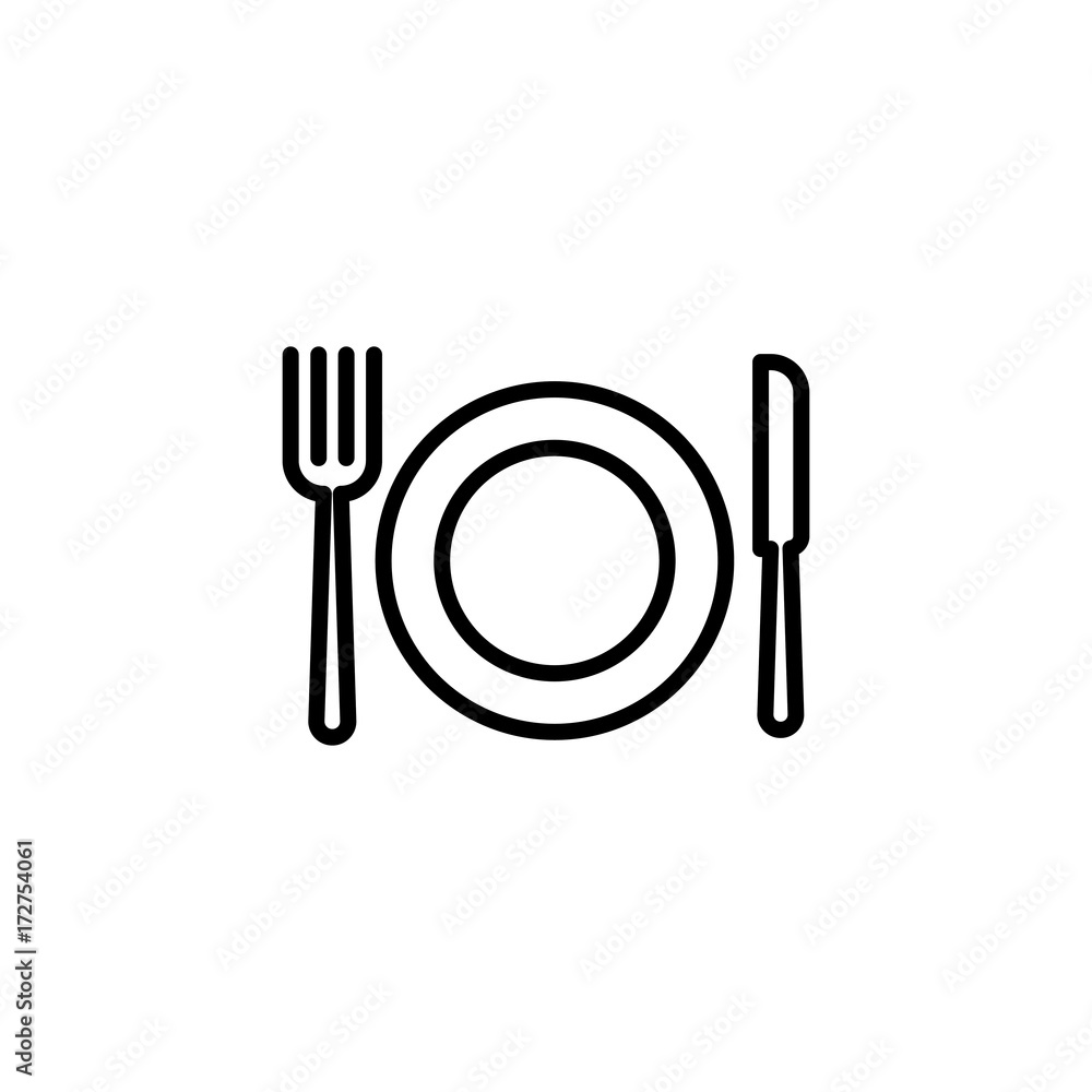 thin line cutlery and dish icon on white background thin line cutlery and dish icon on white background