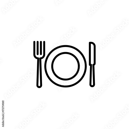 thin line cutlery and dish icon on white background