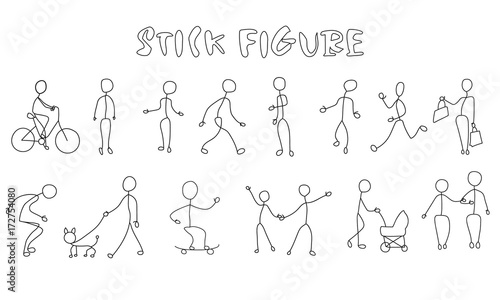 Set stick figure people. Simple men and women black pictogram