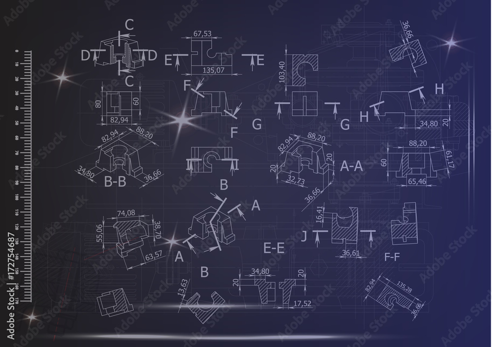 Machine-building drawings on a blue background Machine-building drawings on a blue background