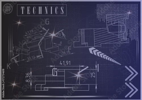 Machine-building drawings on a blue background