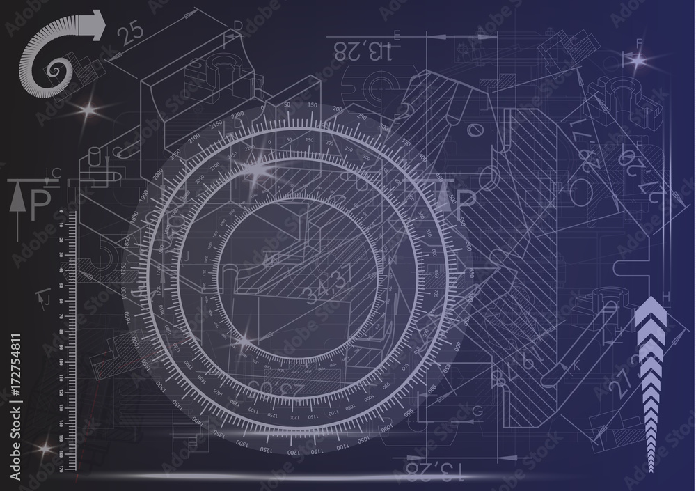 Machine-building drawings on a blue background Machine-building drawings on a blue background