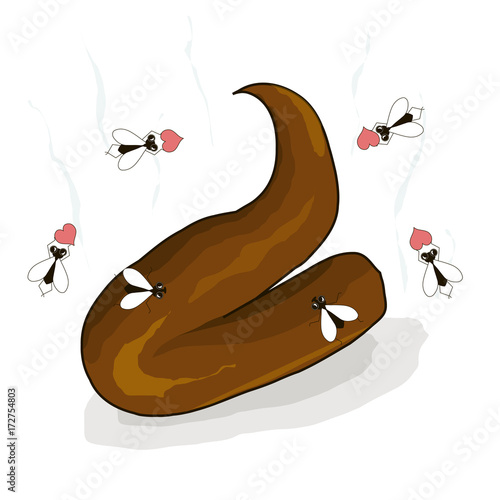 Cartoon brown excrement dung, shit is steaming, fly with red hearts stock vector illustration on white
