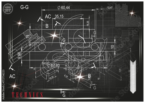 Machine-building drawings on a black background