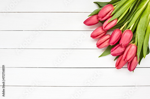 Pink tulips bouquet. Holiday background. Copy space, top view